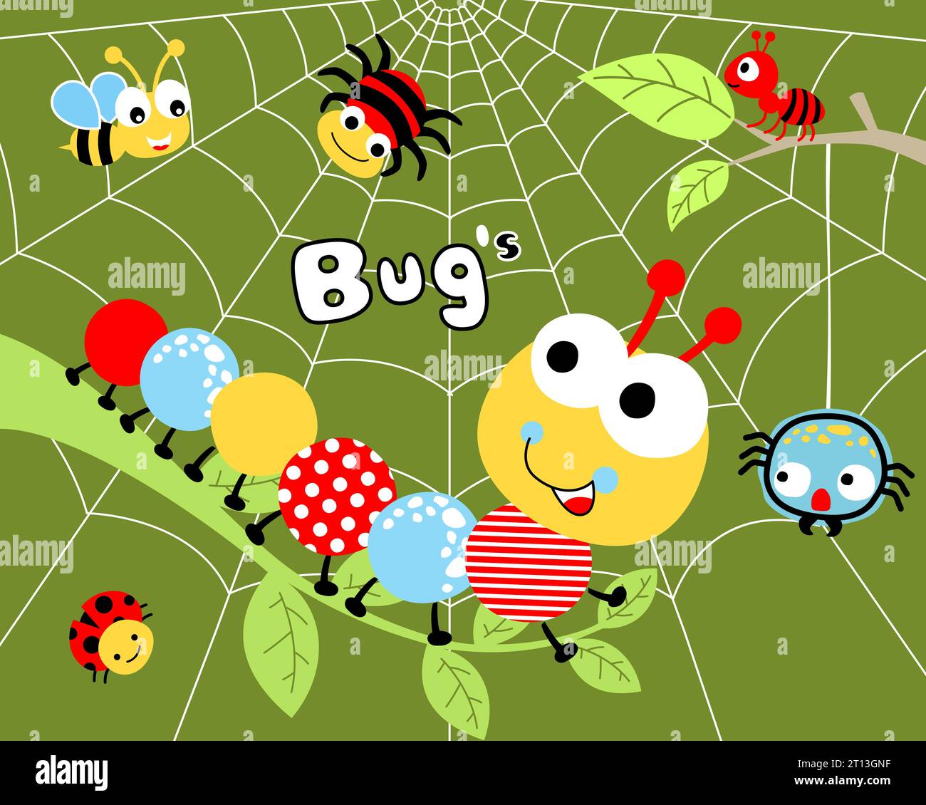 Tiere-Karikaturvektor von lustigen Käfern auf Spinnennetzhintergrund Stock Vektor