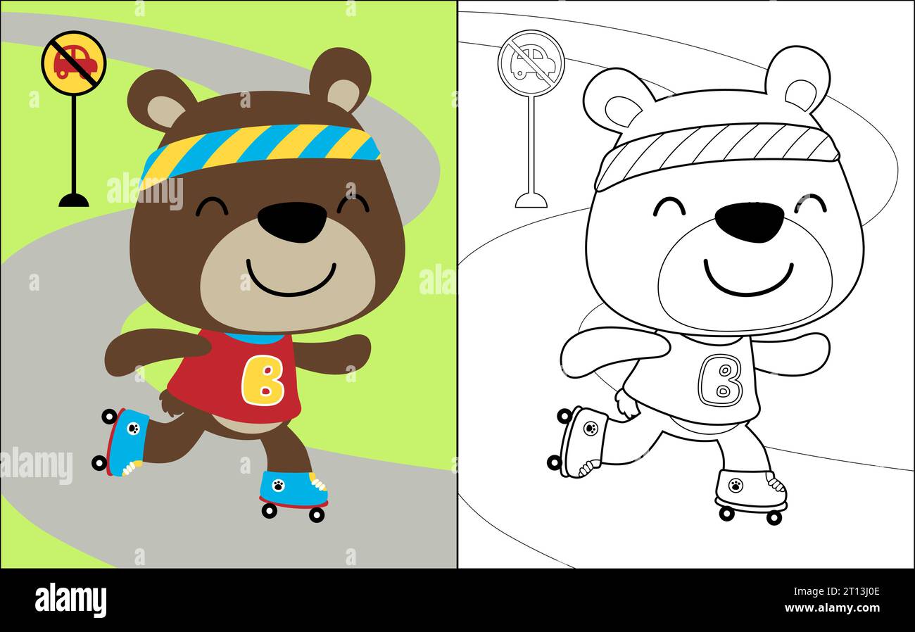 Malbuch mit süßem Teddybär-Zeichentrick, der Rollschuhlaufen auf der Straße spielt Stock Vektor