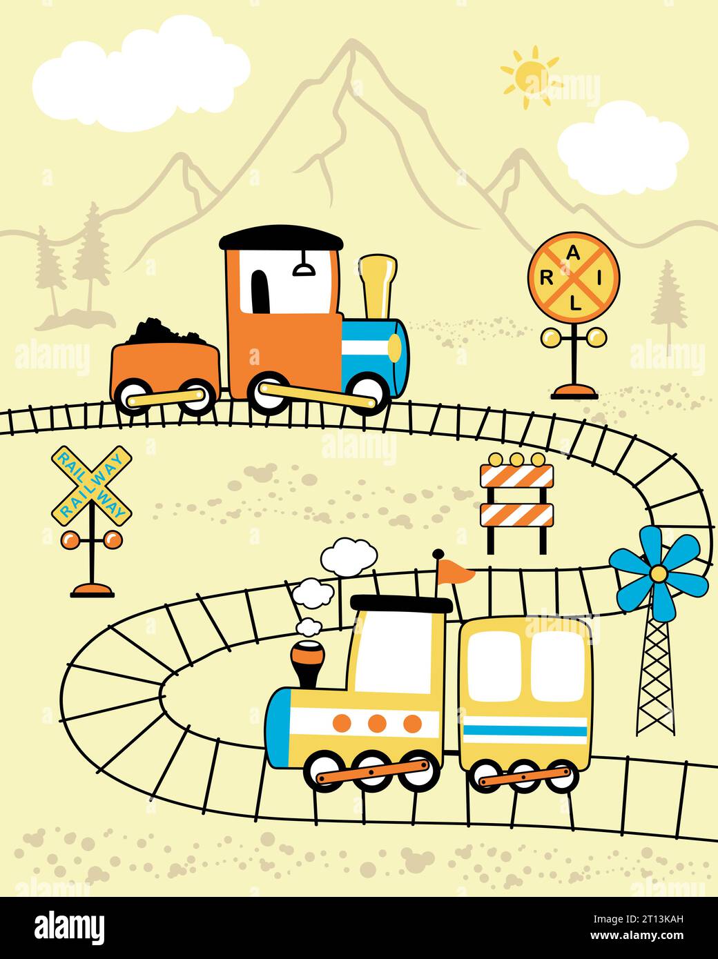 Lokomotiven-Karikaturvektor auf Berghintergrund. Eisenbahnelemente-Zeichentrick Stock Vektor