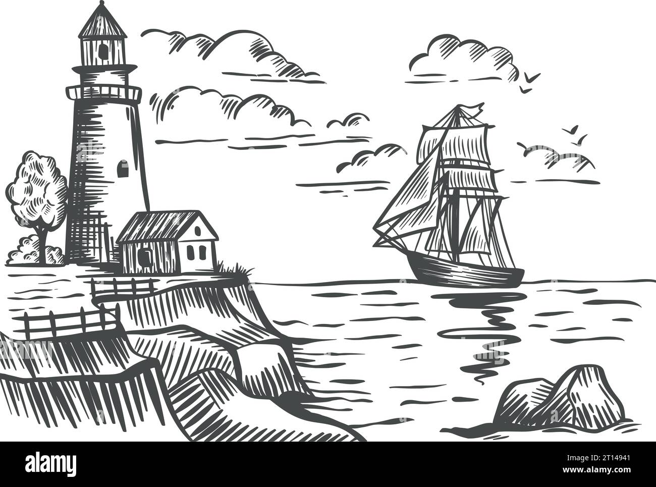 Meereslandschaft mit Leuchtturm und Sketch mit Schiffstinte. Meere, Möwen, Haus und Turm handgraviert. Felsige Küste Grafik, Vektorillustration Stock Vektor