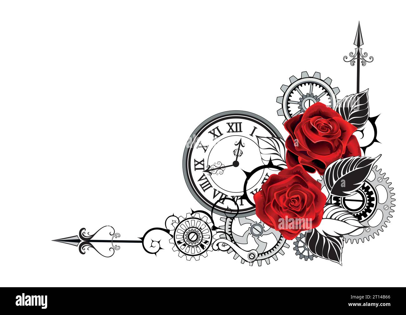 Elegante Eckkomposition aus roten, blühenden, künstlerisch gezeichneten Rosen, verziert mit schwarzen Blättern mit Konturuhr, Zahnrädern auf weißem Hintergrund. Stea Stock Vektor