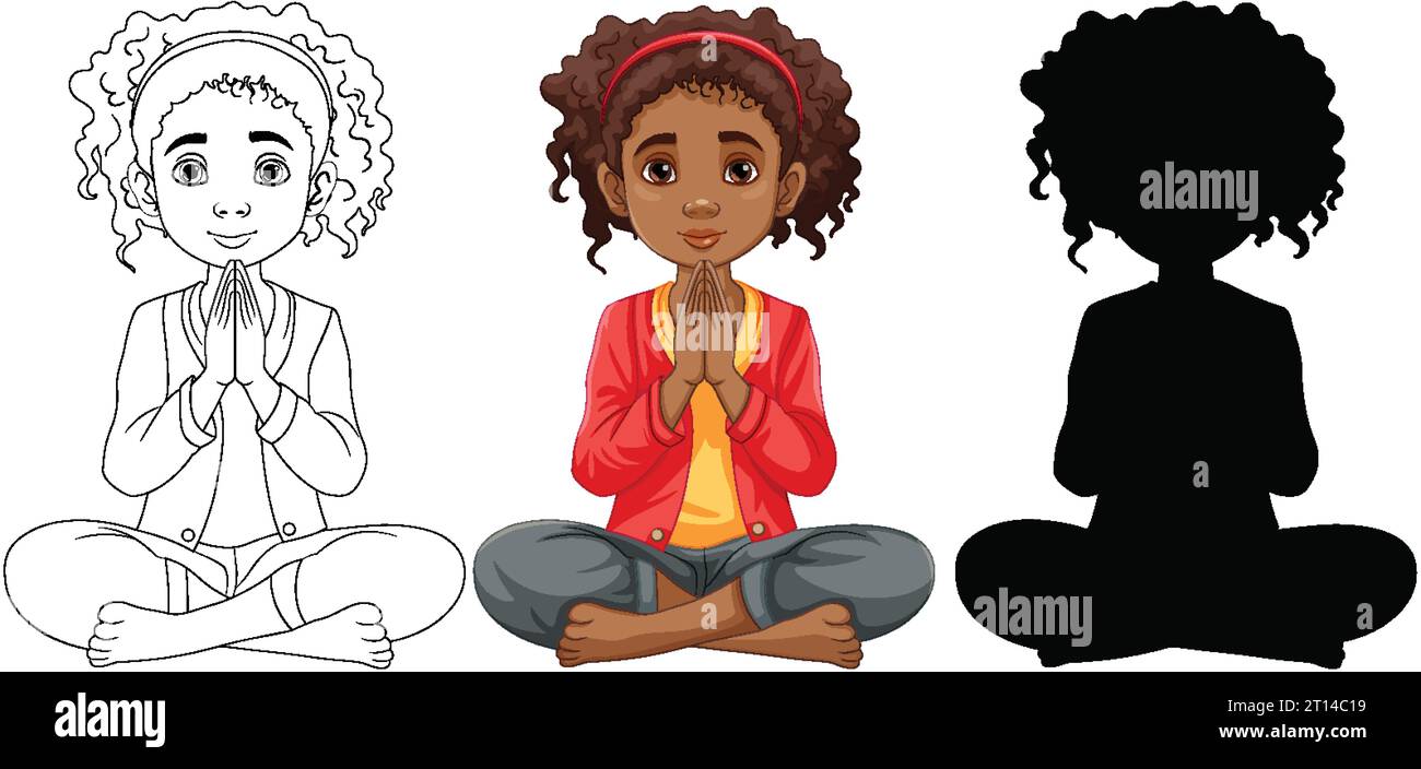 Vektor-Cartoon-Illustration einer Afrikanerin, die friedlich in einer Muschel betet Stock Vektor