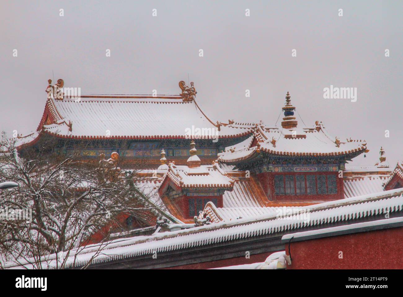 Erkunden Sie das bezaubernde Spektakel der vielfarbigen traditionellen Häuser, eingebettet in ein winterliches Wunderland unter einer unberührten chinesischen Schneelandschaft Stockfoto
