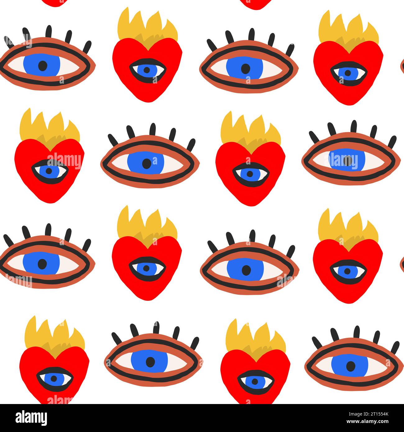Doodle-Muster mit stylischen Herzsymbolen und Augen. Doodle-Augen-Muster auf weißem Hintergrund. Modernes Valentinstag-Muster. Vektorabbildung Stock Vektor