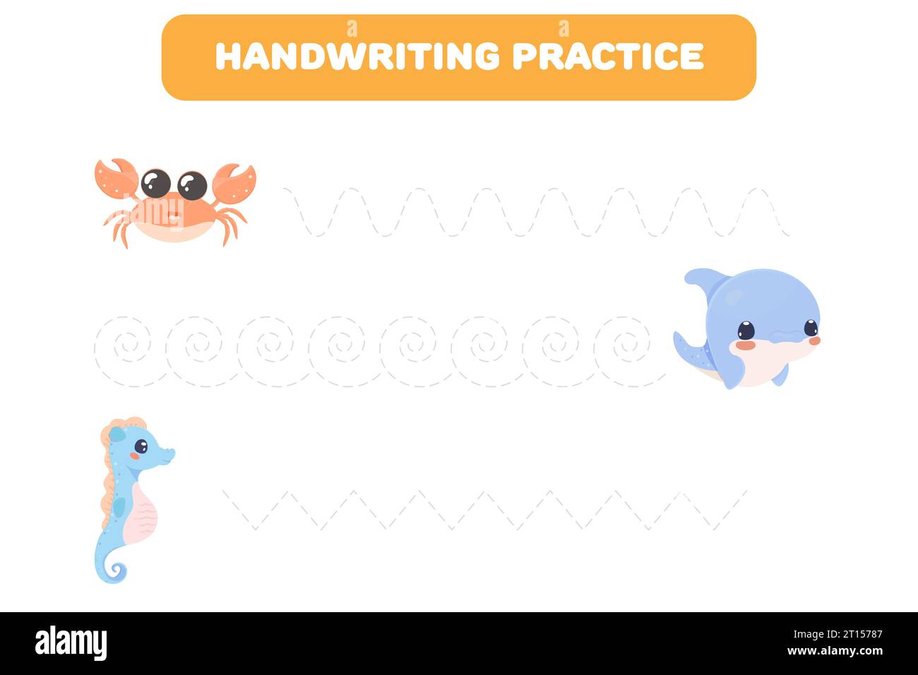 Übungsblatt zur Handschrift. Einfaches Lernspiel für Kinder. Vektor-Illustration mit Meereszeichen, Krabbe, Delfin, Seepferd Stock Vektor