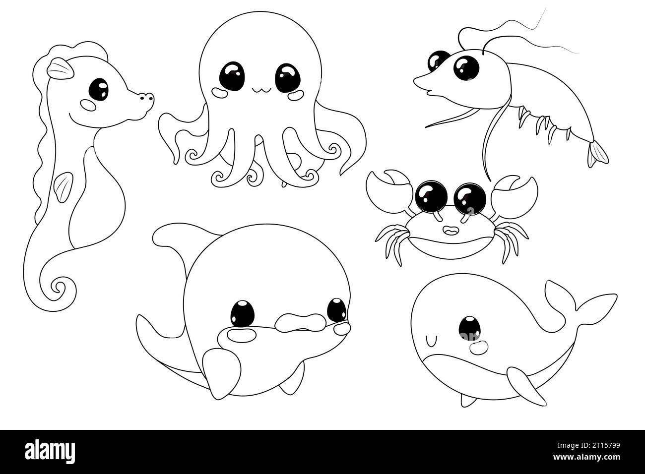 Färben, Linart, Kinderspiel. Meeresfiguren im Vorschulalter: Krabben, Kraken, Seepferdchen, Fische, Garnelen, delfin, Wal. Stock Vektor