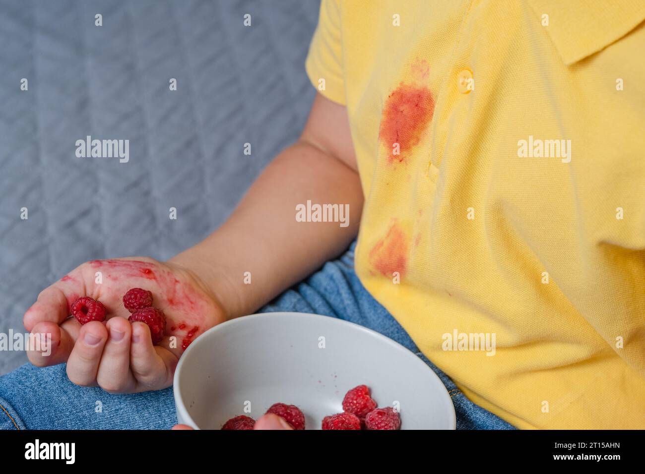 Unerkennbares Kind, das Himbeere mit Händen isst. Schmutzige Beerenflecken auf der Kleidung Stockfoto