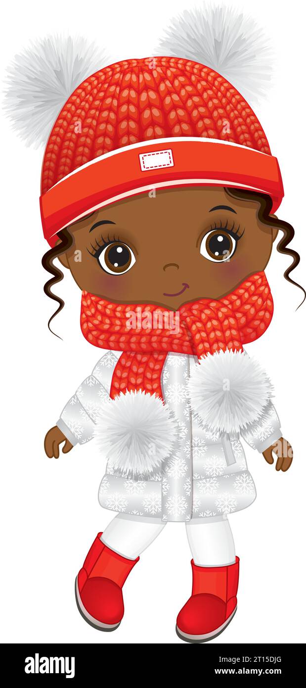 Süßes Kleines Afroamerikanisches Mädchen In Winterkleidung. Vector Trendy Black Girl Stock Vektor