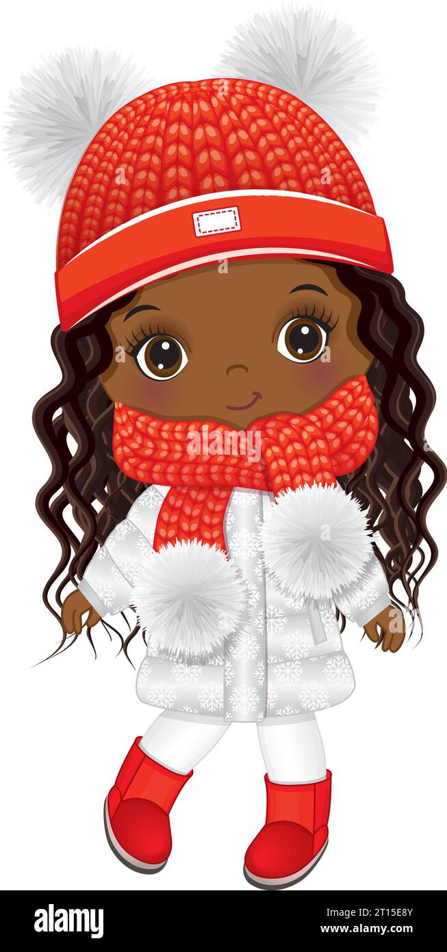 Süßes Kleines Afroamerikanisches Mädchen In Winterkleidung. Vector Trendy Black Girl Stock Vektor