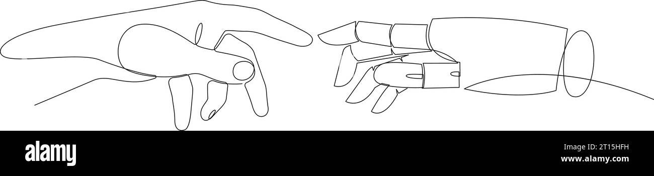 Kontinuierliche Linienzeichnung der Roboterhand mit menschlicher Hand. Künstliche Intelligenz-Konzeptdarstellung Stock Vektor