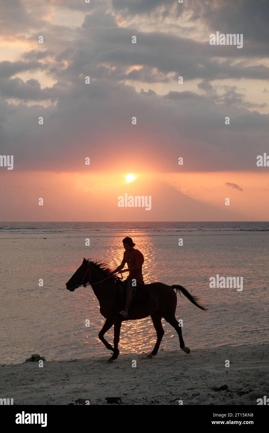 Ein majestätischer Anblick entfaltet sich: Ein Mann und sein Pferd, die Silhouetten vor der feurigen Leinwand eines Sonnenuntergangs von Gili Trawangan Stockfoto