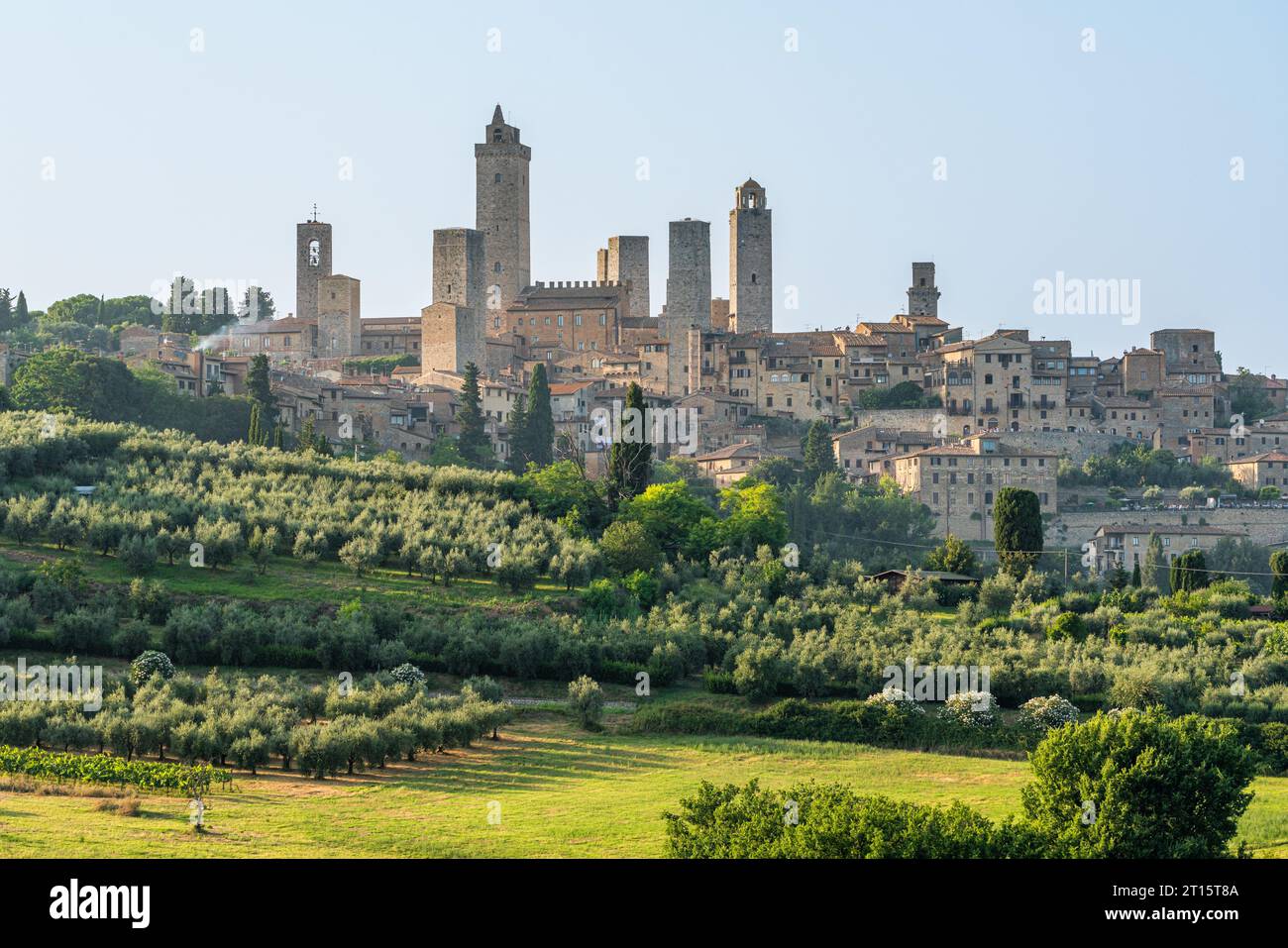 Die wunderbare Stadt San Giminiano mit all ihren Türmen an einem sonnigen Sommernachmittag. Provinz Siena, Toskana, Italien. Stockfoto