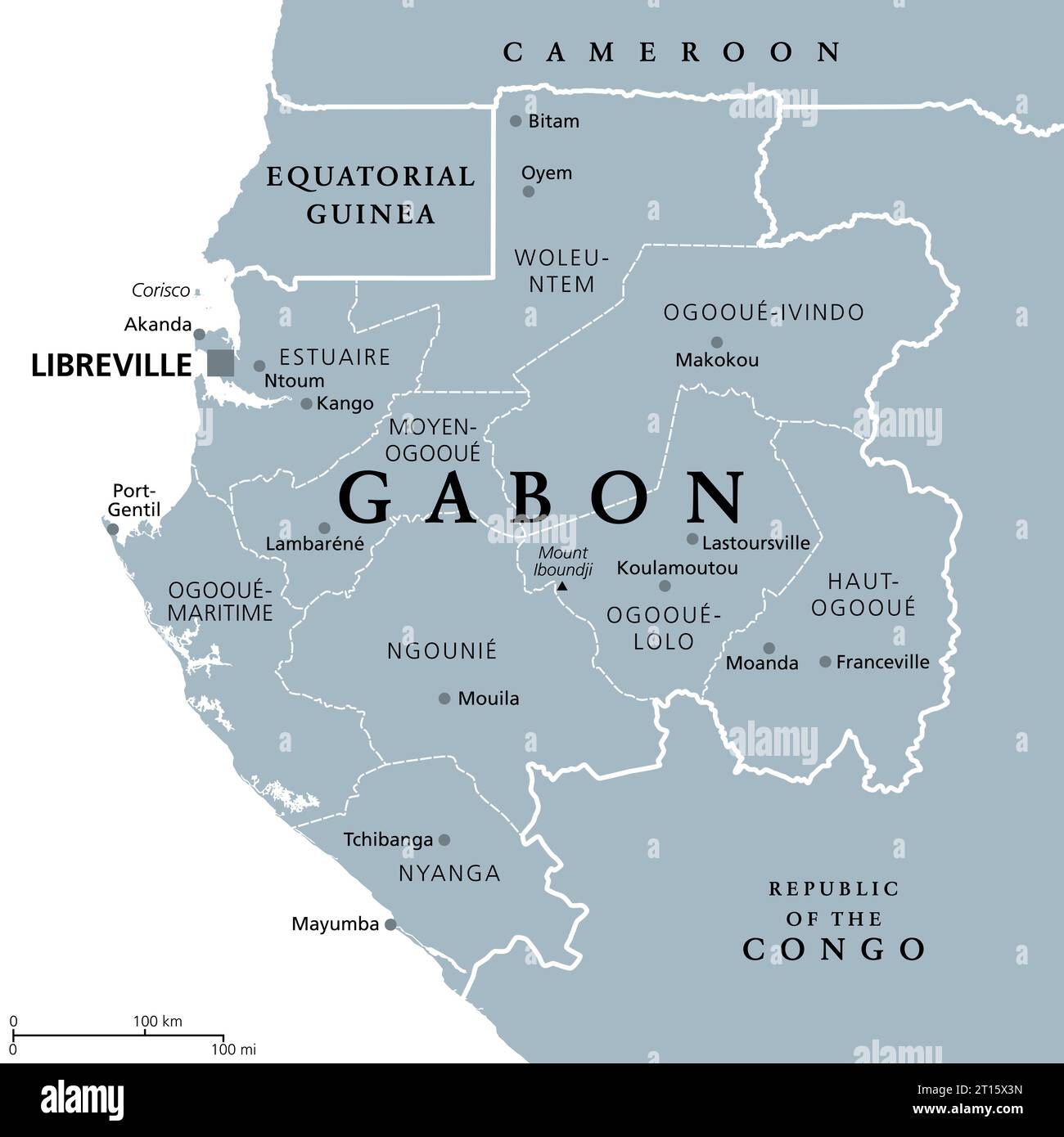 Gabun, graue politische Karte mit Provinzen. Gabunesische Republik, mit der Hauptstadt Libreville. Zentralafrikanisches Land. Stockfoto