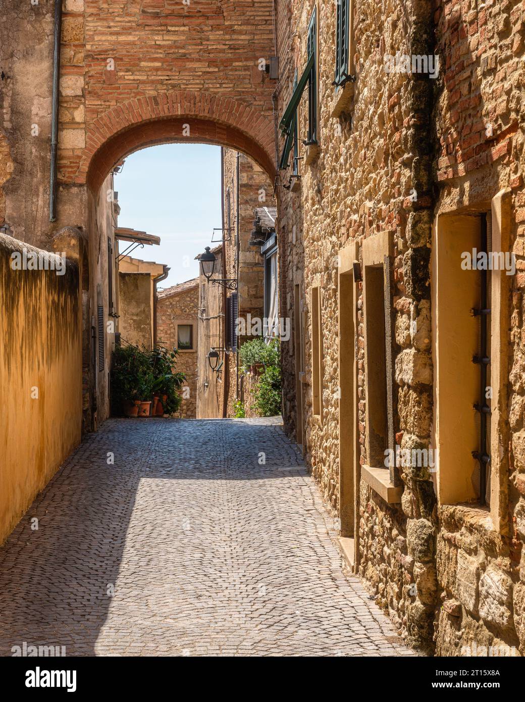 Das wunderschöne Dorf Bibbona an einem sonnigen Sommernachmittag. Provinz Livorno, Toskana, Italien. Stockfoto