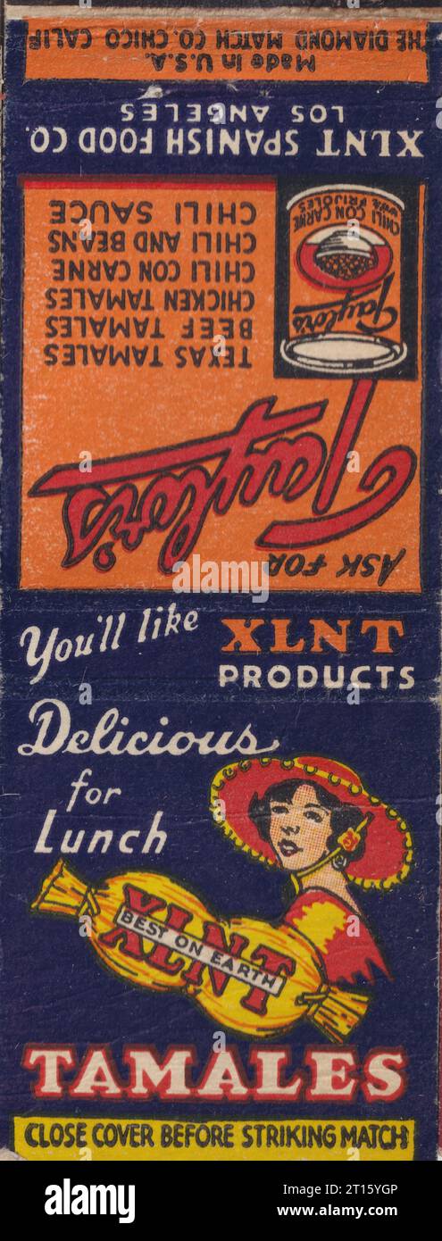 XLNT tamales, Los Angeles - US-Matchbook 1940er Stockfoto