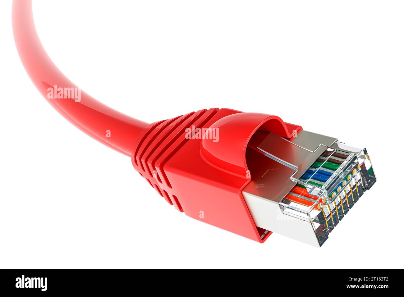 Rotes LAN-Kabel, 3D-Rendering isoliert auf weißem Hintergrund Stockfoto