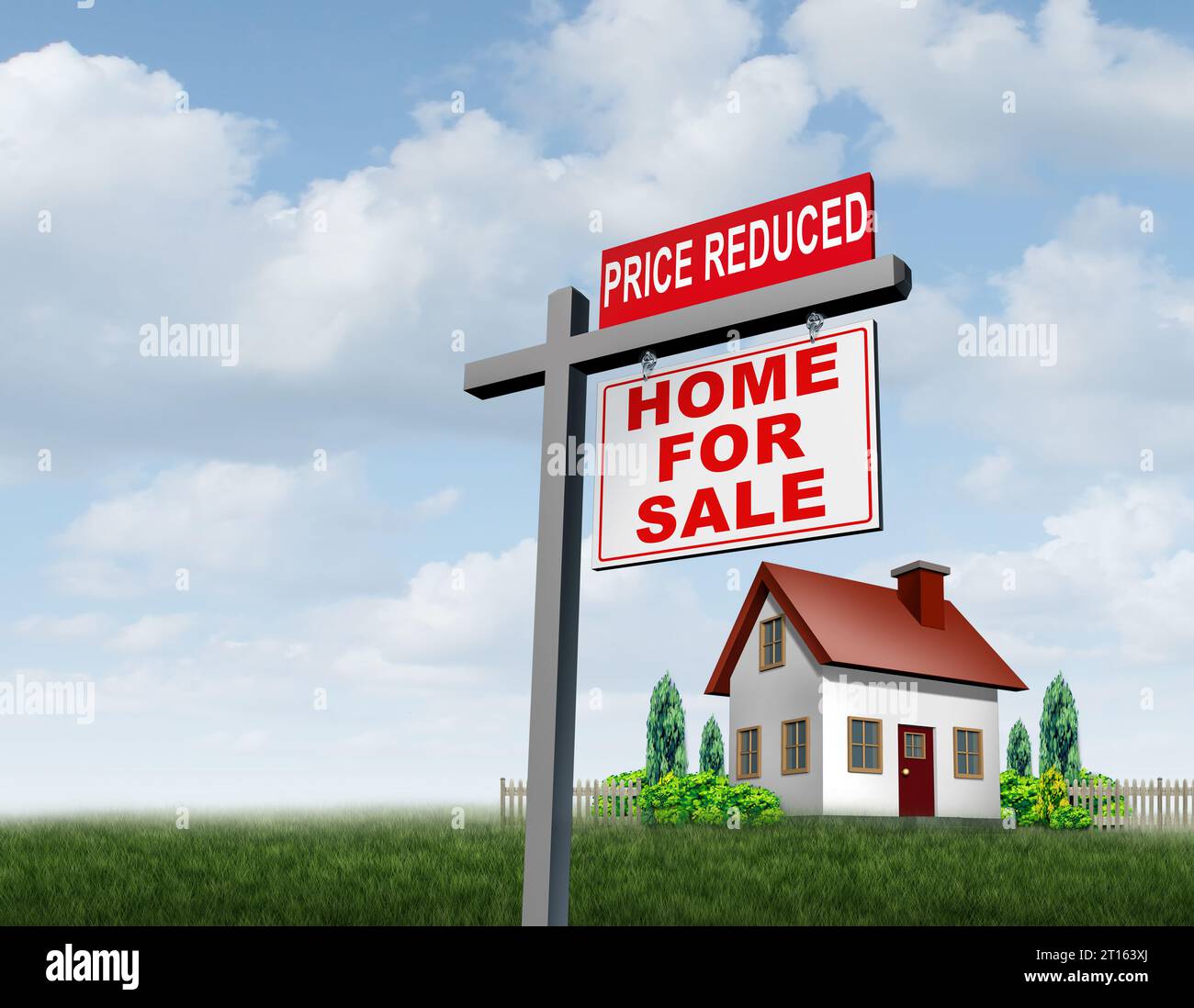 Sinkende Eigenheimpreise und ein Absturz des Immobilienmarktes als Rückgang der Immobilienwerte oder eine Immobilienblase platzen als Einbruch der Hauspreise und Abwertung Stockfoto