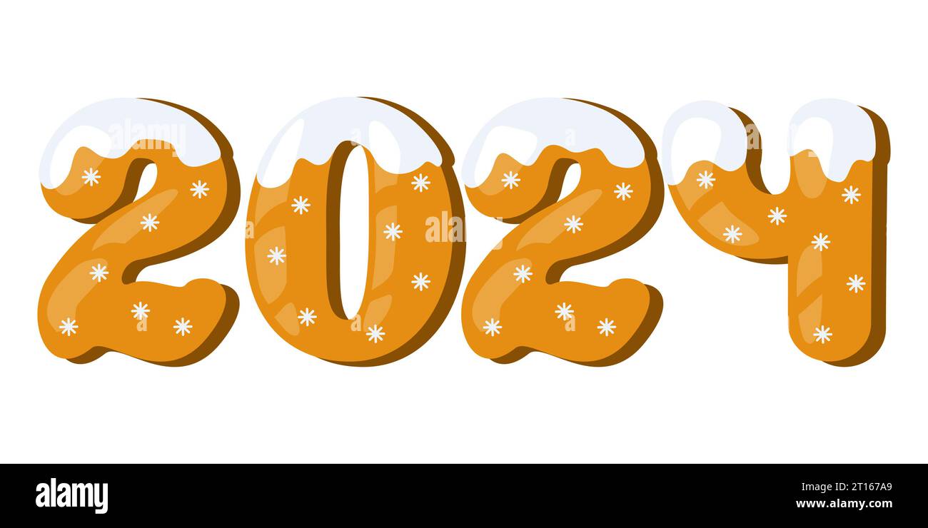 2024 Ein Happy New Year Konzept, Zahlen aus Lebkuchenkeksen mit Glasur und Schneeflocken, Vektorillustration Stock Vektor