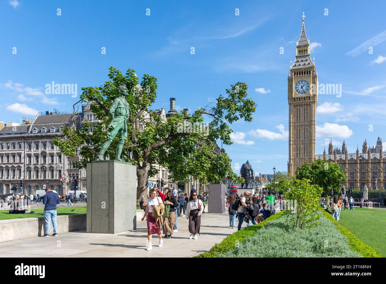 Big Ben und Statuen, Parliament Square, City of Westminster, Greater London, England, Vereinigtes Königreich Stockfoto