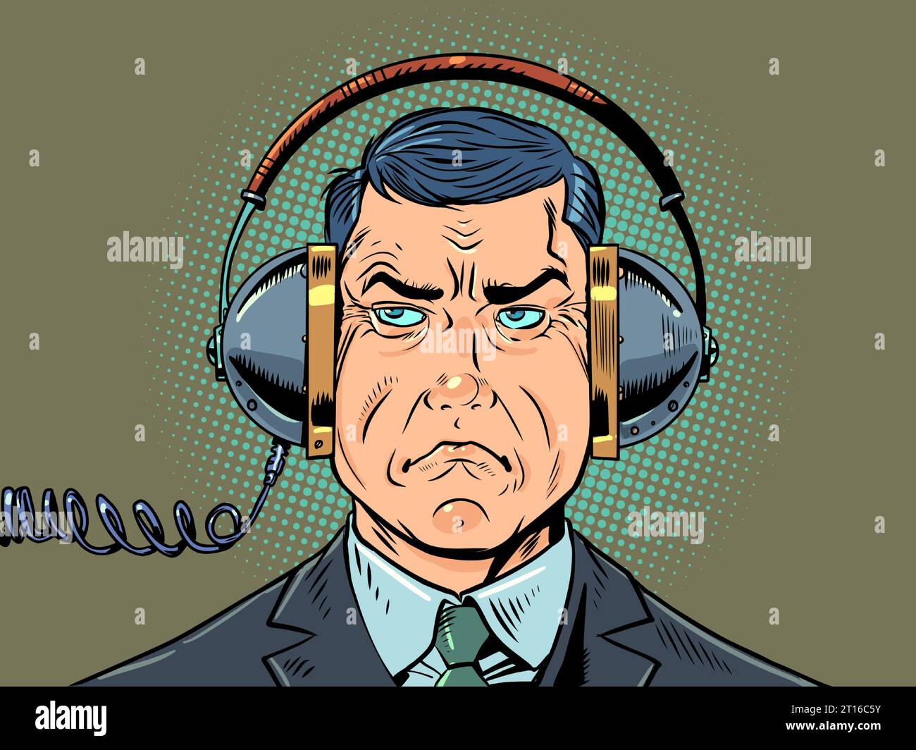 Probleme der Sicherheit und der Privatsphäre der modernen Welt. Staatliche Überwachung des Handelns seiner Bürger. Ein strenger Mann im Anzug lauscht anderen Stock Vektor