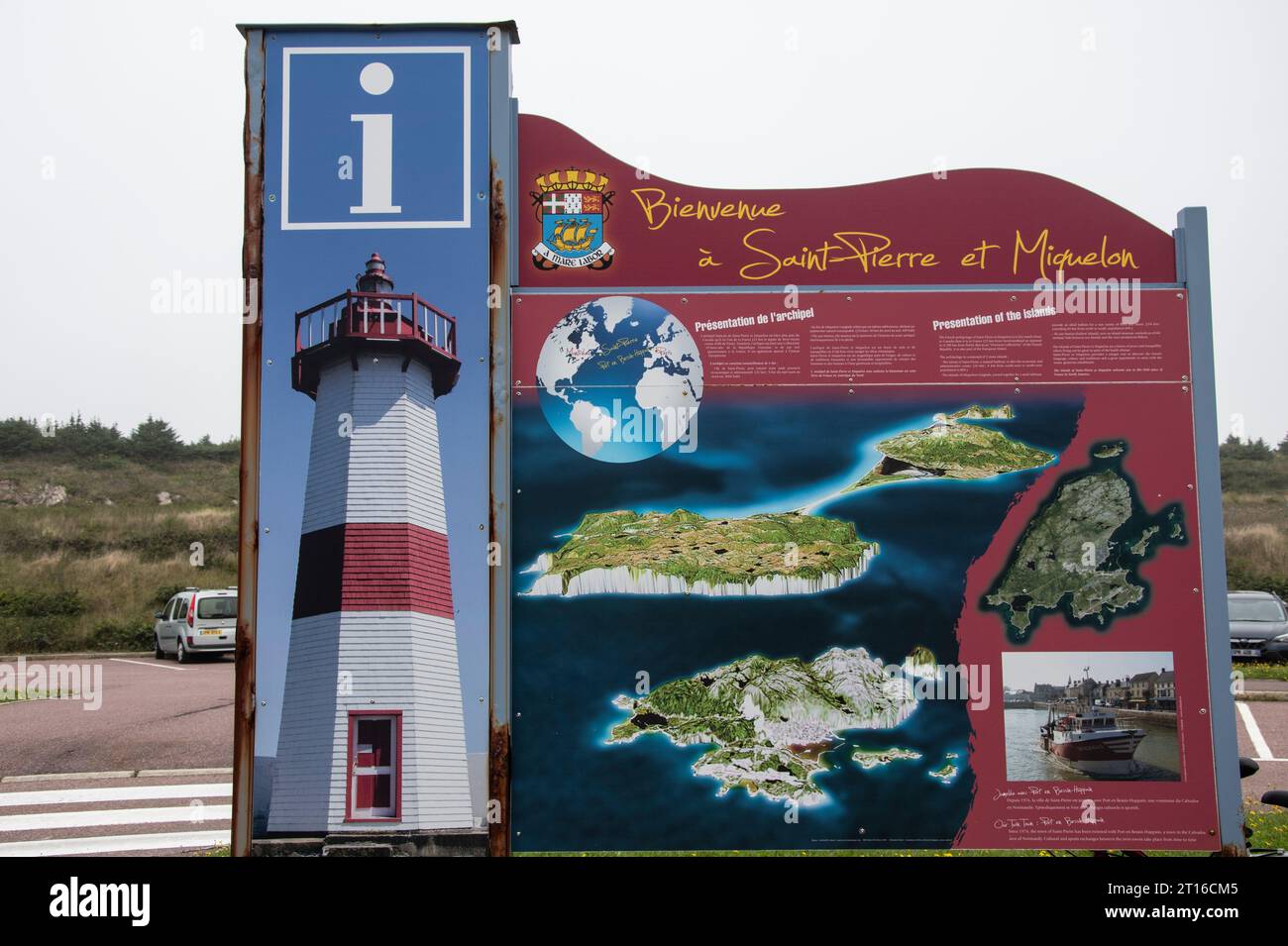 Willkommen in St. Informationsschild Pierre am Flughafen in St. Pierre, Frankreich Stockfoto