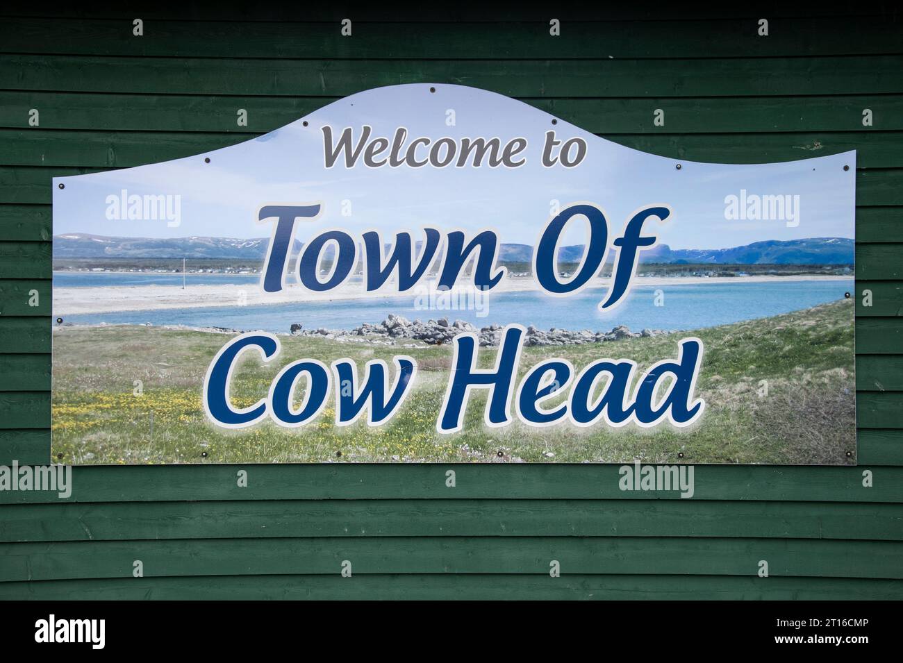 Willkommen im Schild „Town of Cow Head“ in Neufundland & Labrador, Kanada Stockfoto