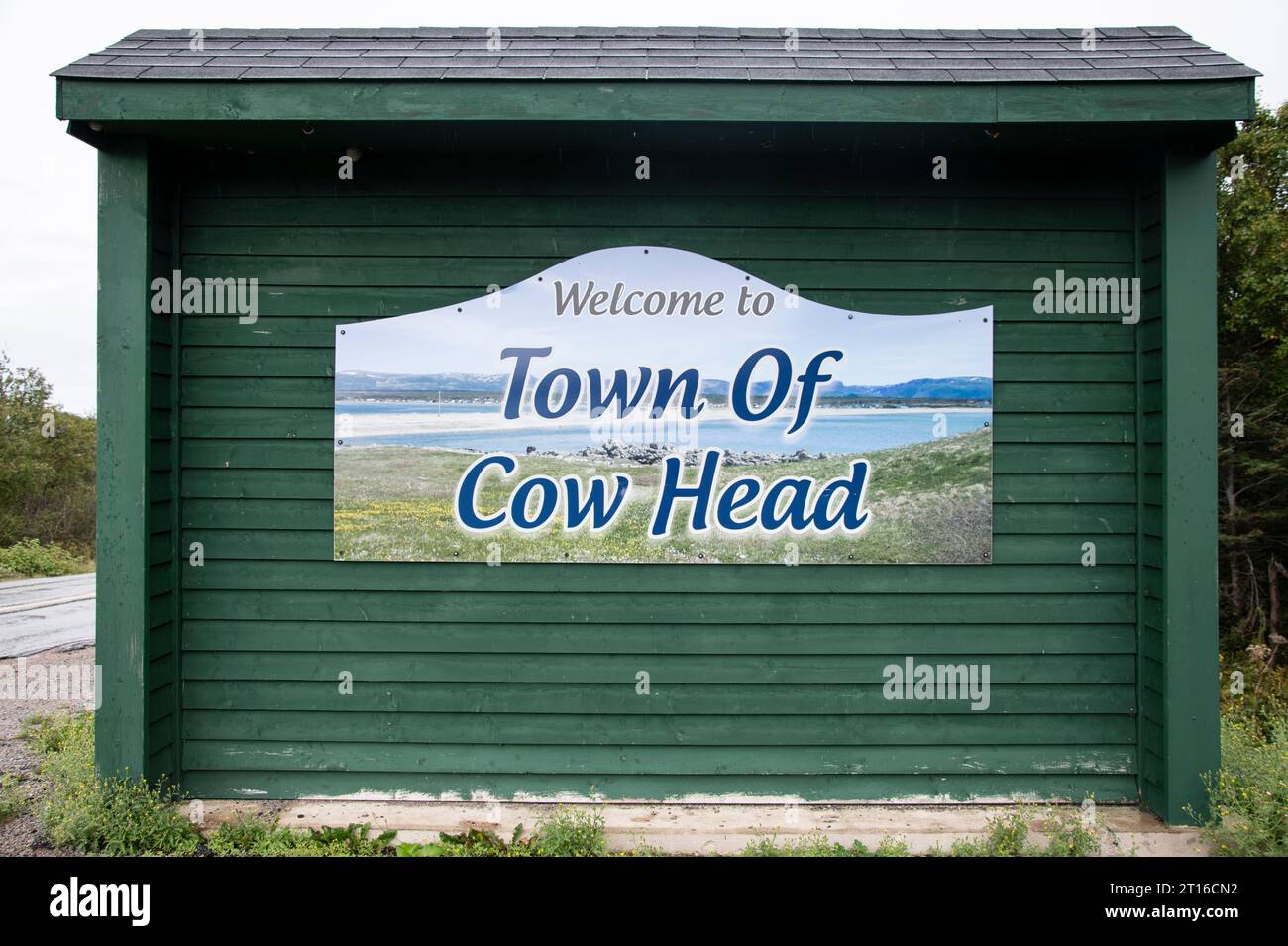 Willkommen im Schild „Town of Cow Head“ in Neufundland & Labrador, Kanada Stockfoto