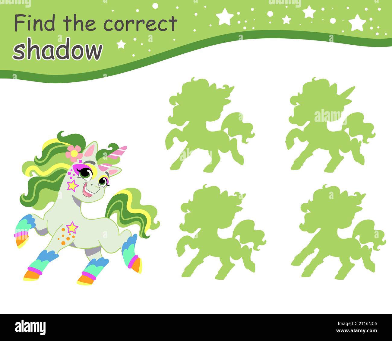 Suchen Sie den richtigen Schatten. Süßes, grünes, fröhliches Einhorn. Pädagogisches Matching-Spiel für Kinder mit Zeichentrickfigur. Aktivität, Logikspiel, Lernen Stock Vektor