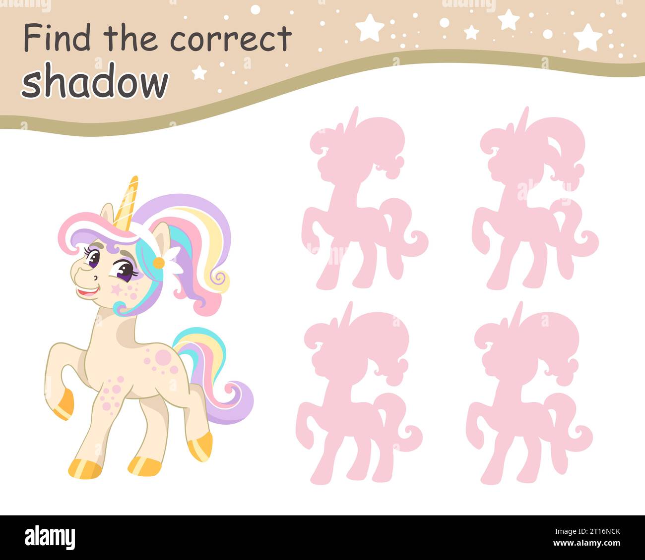 Suchen Sie den richtigen Schatten. Niedliches Cartoon-Einhorn mit Pferdeschwanz-Frisur. Pädagogisches Matching-Spiel für Kinder mit Zeichentrickfigur. Aktivität, Logik Stock Vektor