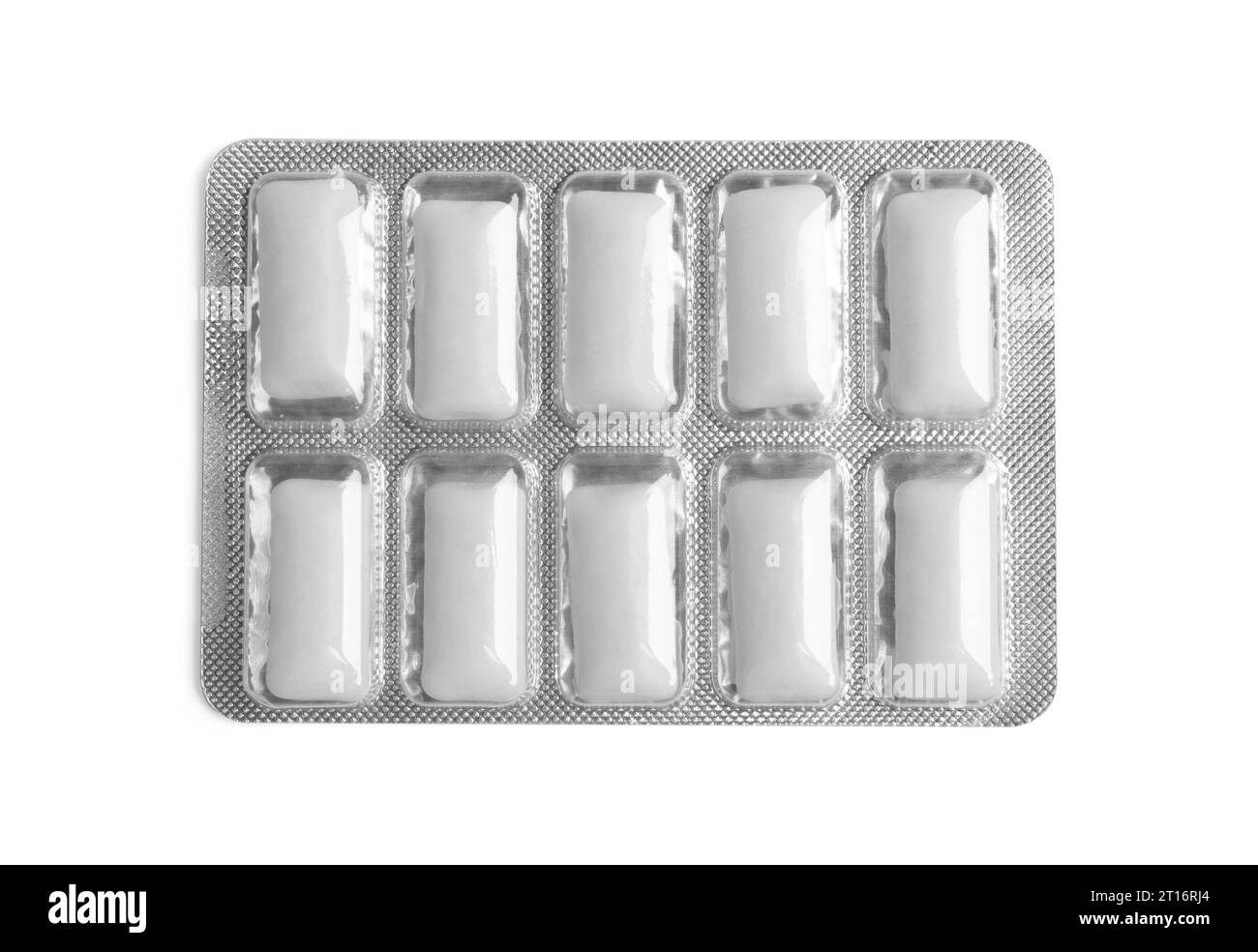 Blister mit Kaugummi isoliert auf weiß, Draufsicht Stockfoto