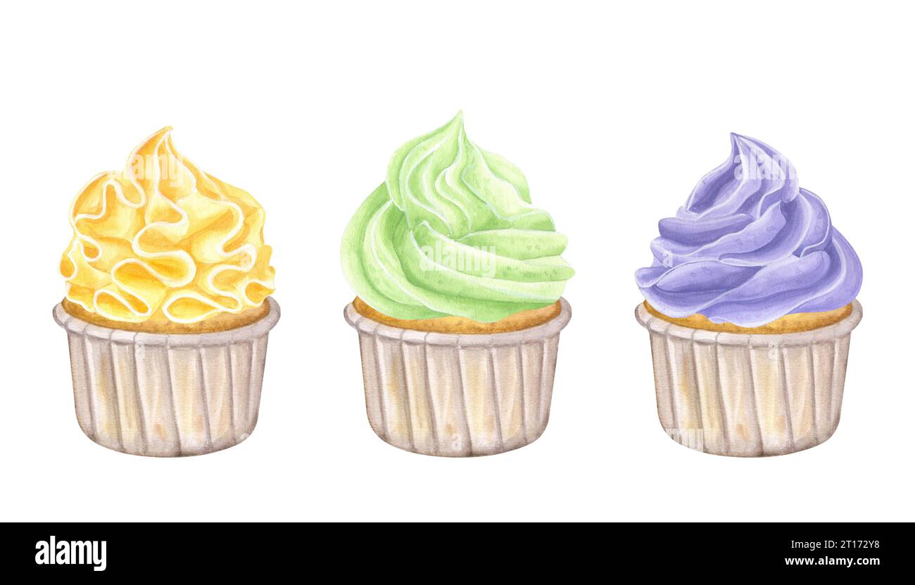Bannerset mehrfarbige Cupcakes Muffins orange, grün, lila. Süße Schlagsahne. Handgezeichnete Aquarellillustration isoliert auf weißem Hintergrund Stockfoto