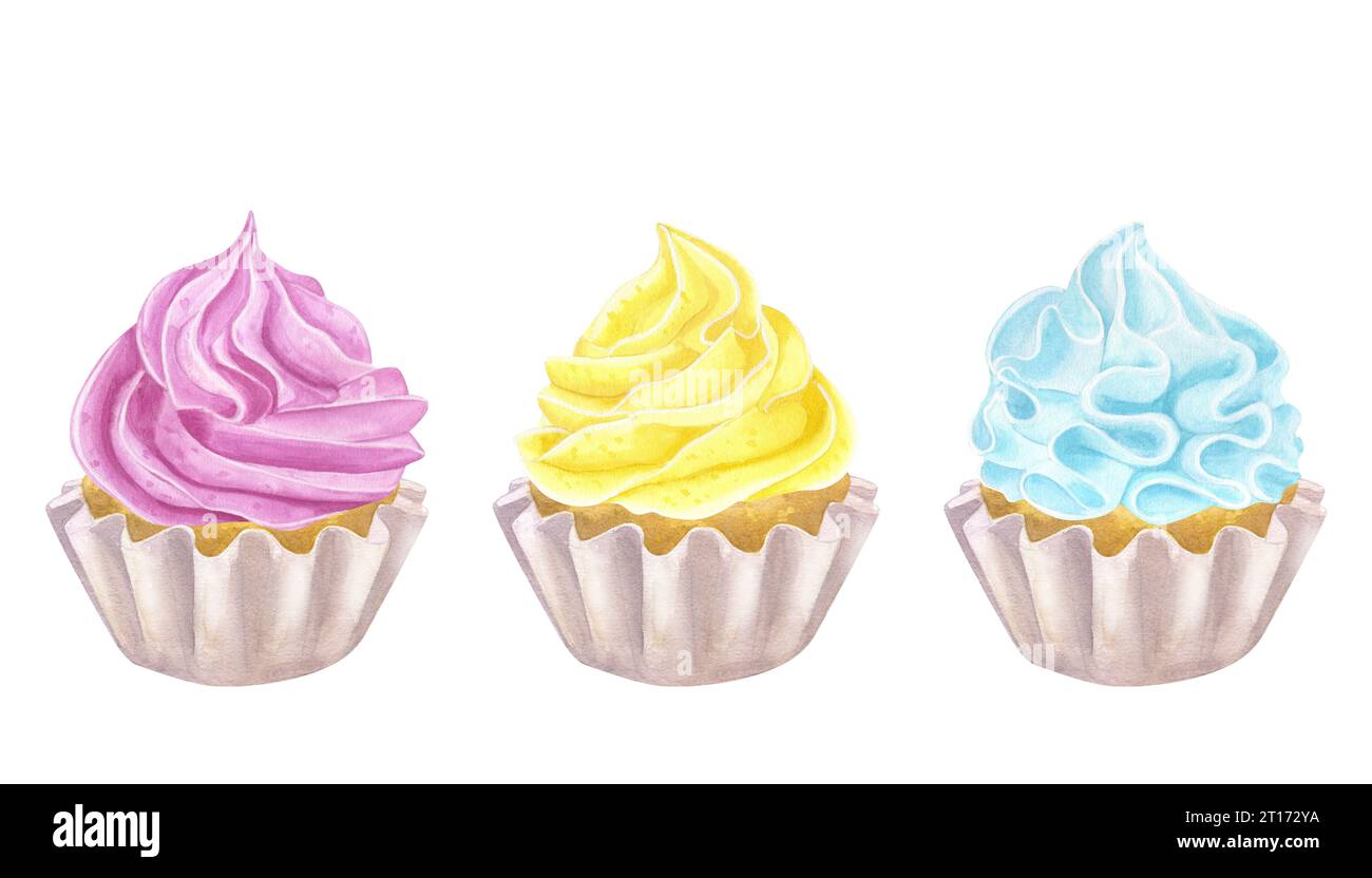 Bannerset mehrfarbige Cupcakes Muffins rosa, gelb, türkis. Süße Schlagsahne. Handgezeichnete Aquarellillustration isoliert auf weißem Hintergrund Stockfoto