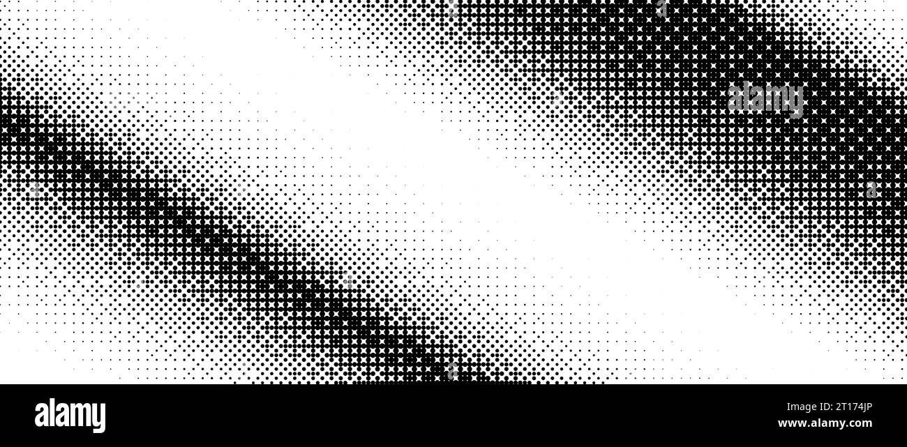 Diagonale Halbton-Bitmap-Textur. Hintergrund mit gepunktetem Verlaufsmuster. Abstrakte, verblasste 8-Bit-Pop-Art-Tapete. Verschwindend pixelfarbener gepunkteter Hintergrund für Banner, Poster, Flyer, Cover. Vektor Stock Vektor