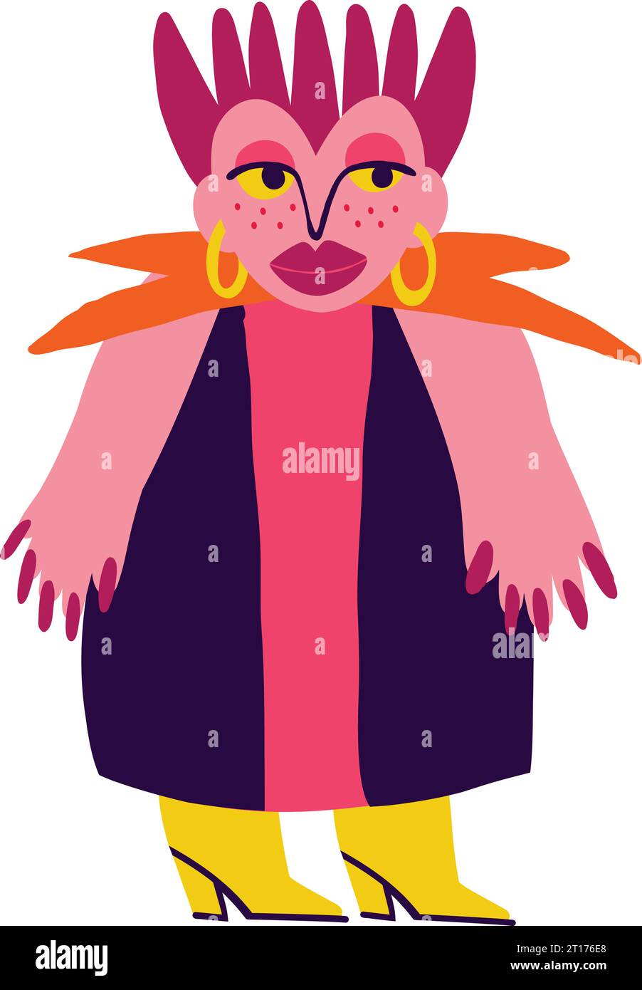 Eine skurrile Dame mit lustiger Frisur und farbenfrohem Make-up. Illustration in einem modischen flachen Stil für Halloween Stock Vektor