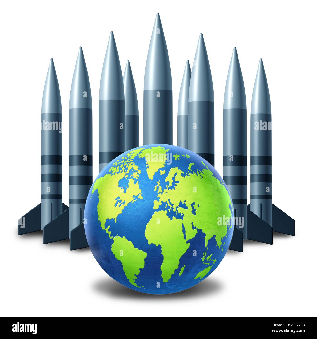 Globaler nuklearer Weltkrieg Risiko als Planet, der von einer Bombenkatastrophe oder einem abrüstungsabkommen mit ballistischen Raketen bedroht ist. Stockfoto