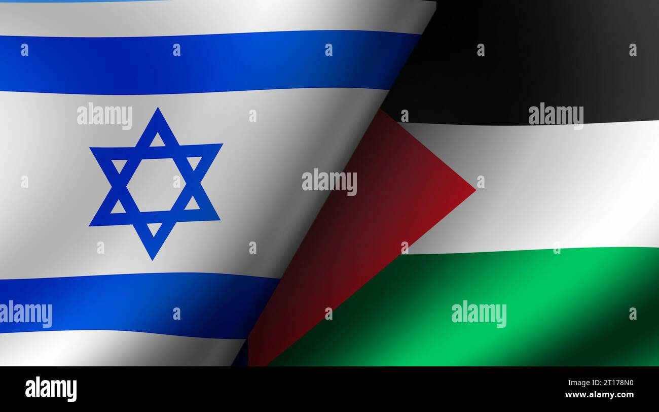 Israel gegen Palästina (Kriegskrise, politischer Konflikt). Abbildung der Landesflagge Stockfoto