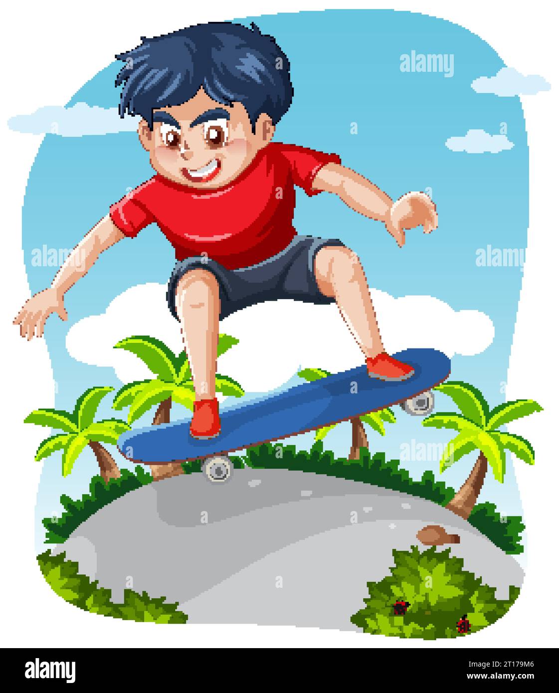 Ein männlicher Jugendlicher, der Skateboard in einer Fischaugenlinse-Zeichentrickillustration spielt Stock Vektor