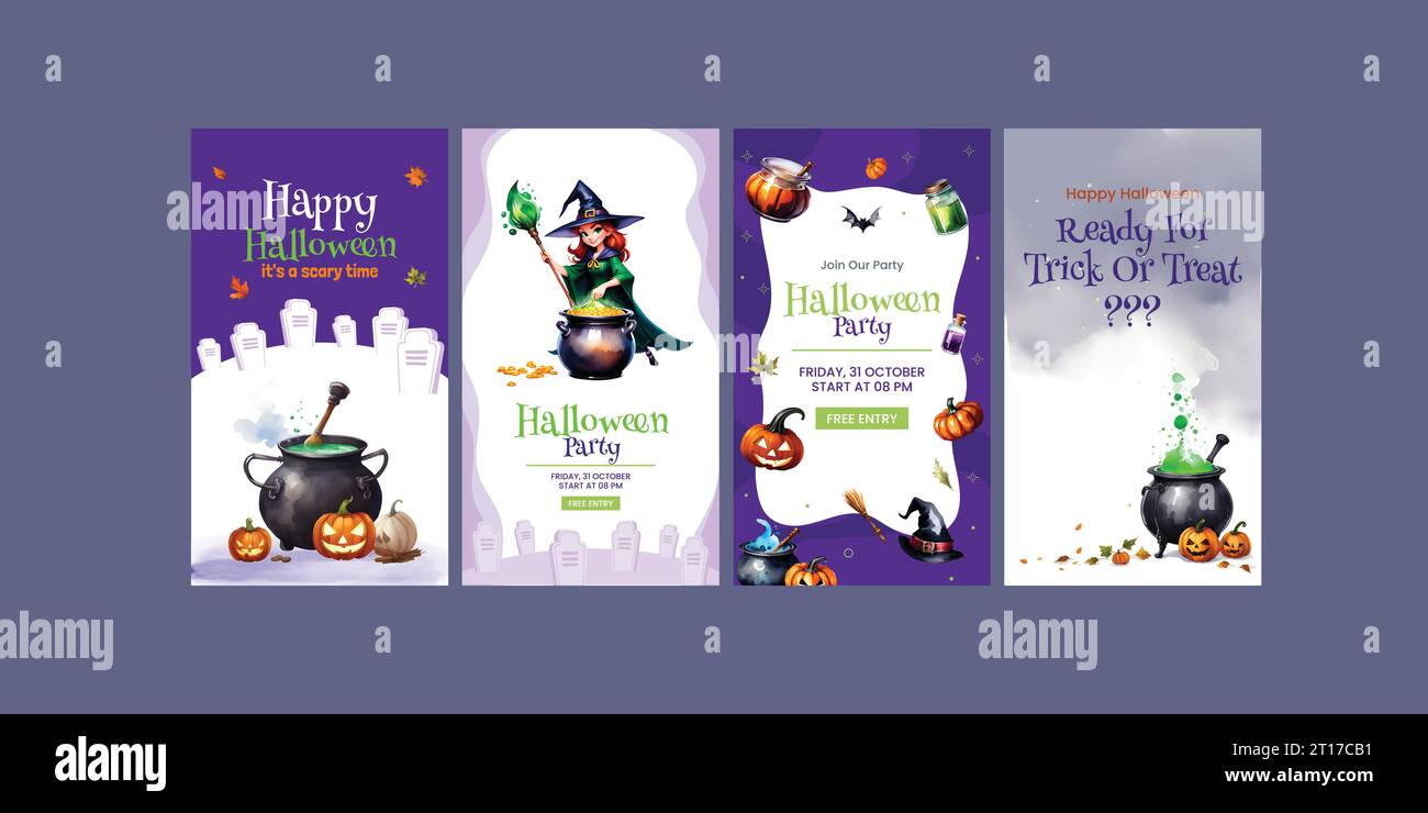 Halloween vertikale Social-Media-Geschichten oder Post-Sammlung mit Text, niedlichen Dingen und Kopierraum in Aquarellillustration. Stock Vektor