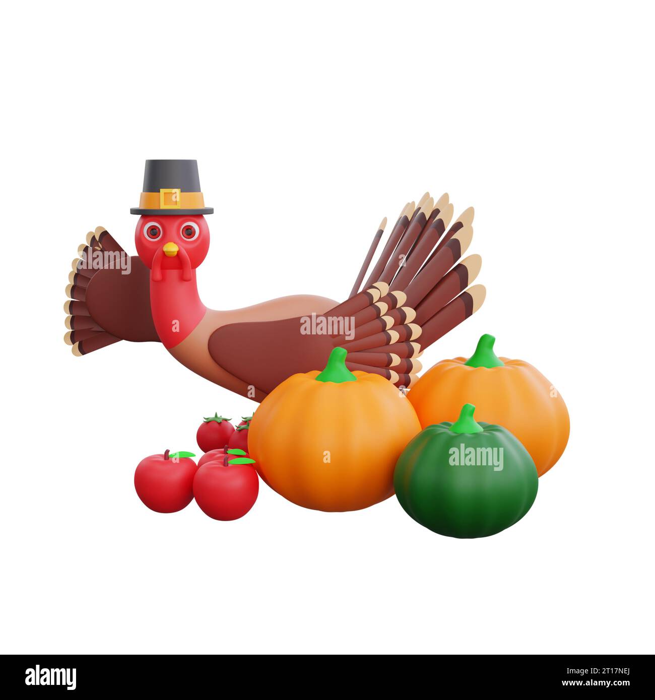 3D-truthahn mit Pilgermütze sagt Hallo. Der truthahn ist von Kürbissen, Äpfeln und Tomaten umgeben. Das perfekte Design für ein Thanksgiving-Design Stockfoto