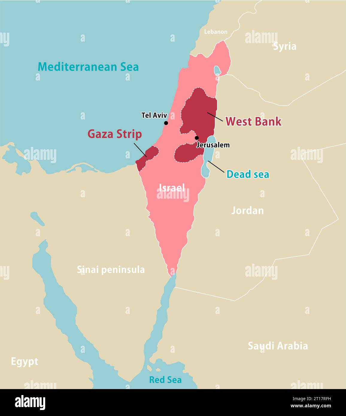 Karte des Palästinensischen Krieges (Israel, Palästina und Gazastreifen) und der umliegenden Länder Stock Vektor
