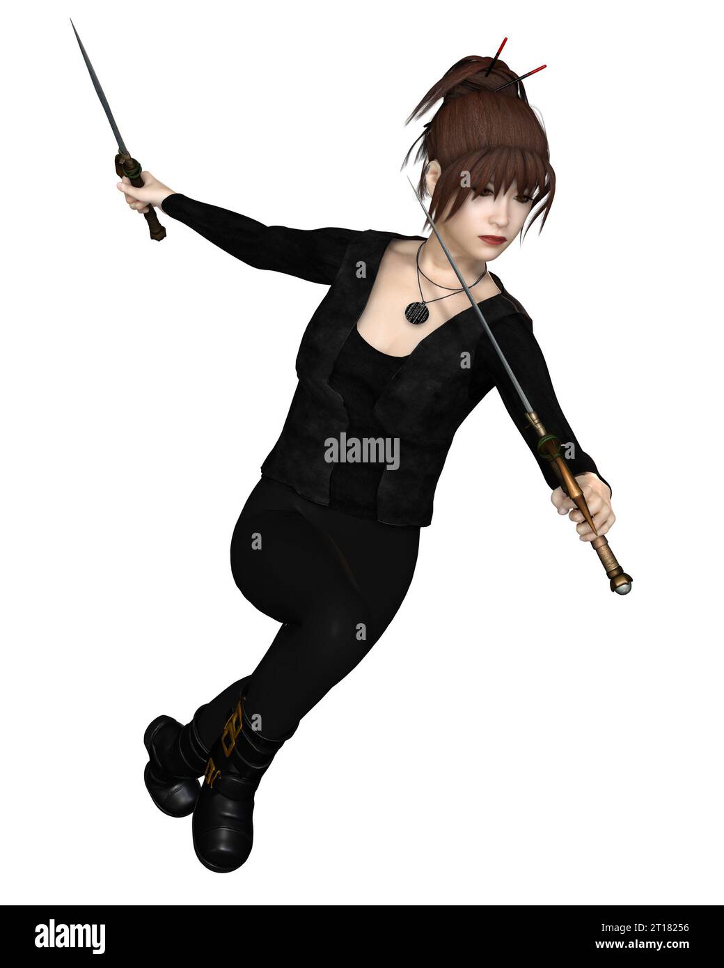 Weibliche asiatische Assassine mit Schwertern, läuft Stockfoto