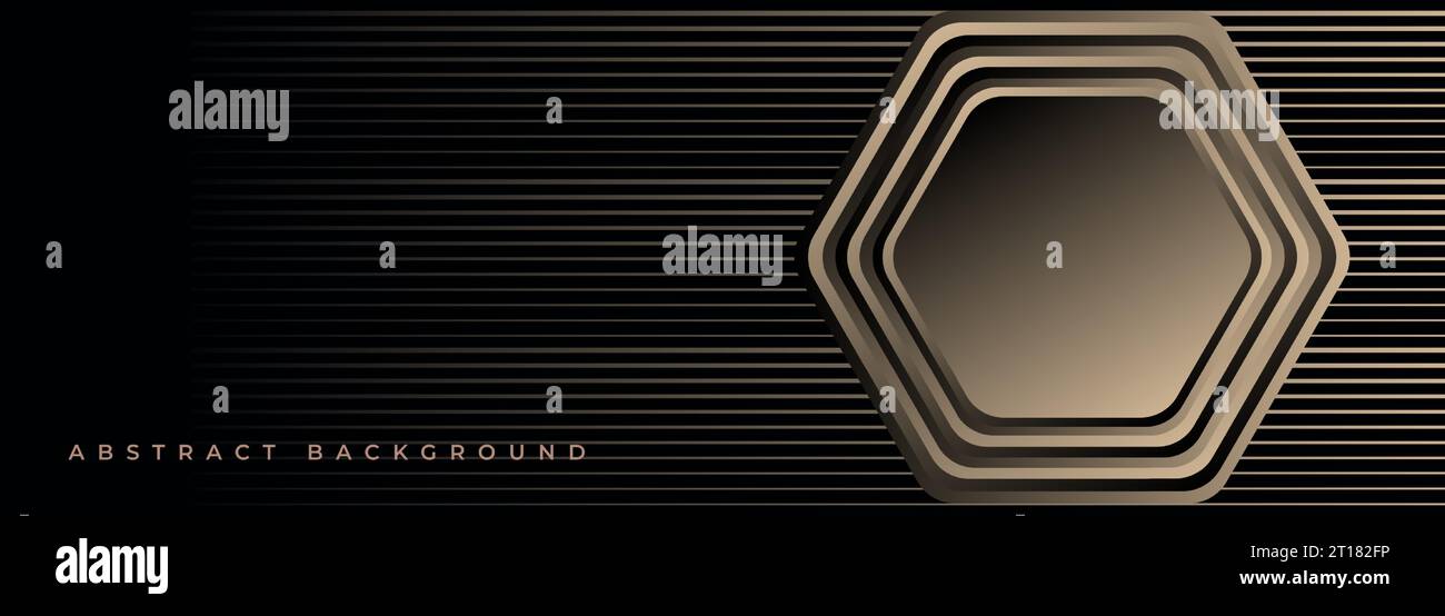 Schwarzer und goldener 3D abstrakter geometrischer Hintergrund mit goldenem Sechseck oder Wabenmuster. Dunkles breites abstraktes Banner mit goldenem Farbverlauf, dreidimensional Stock Vektor