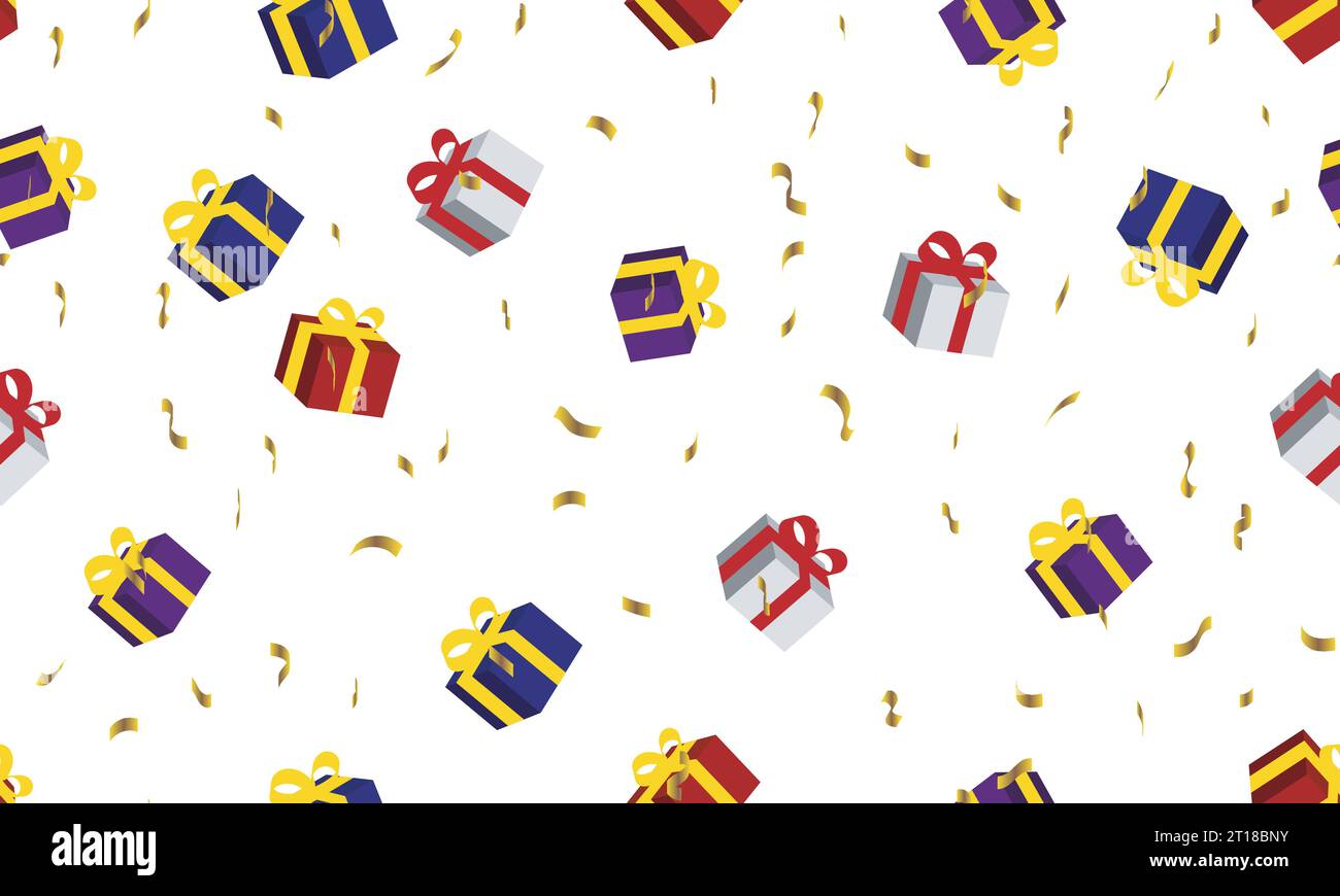 3D nahtlose Geschenke und goldener Konfetti-Muster Hintergrund für Geburtstag und Jubiläumsdekoration mit transparentem Hintergrund Stock Vektor