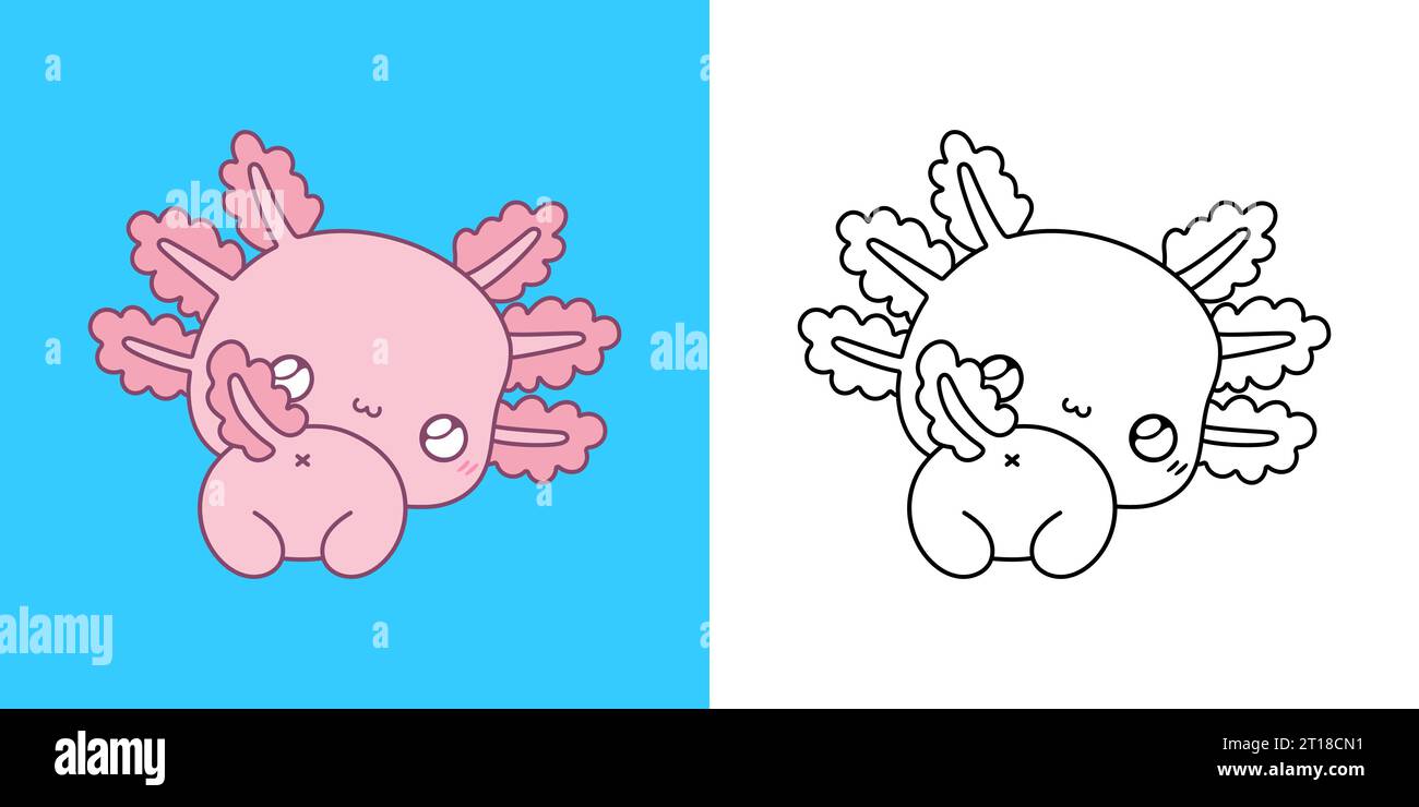 Kawaii Axolotl Clipart mehrfarbig und schwarz-weiß. Niedliches Kawaii-Tier. Stock Vektor