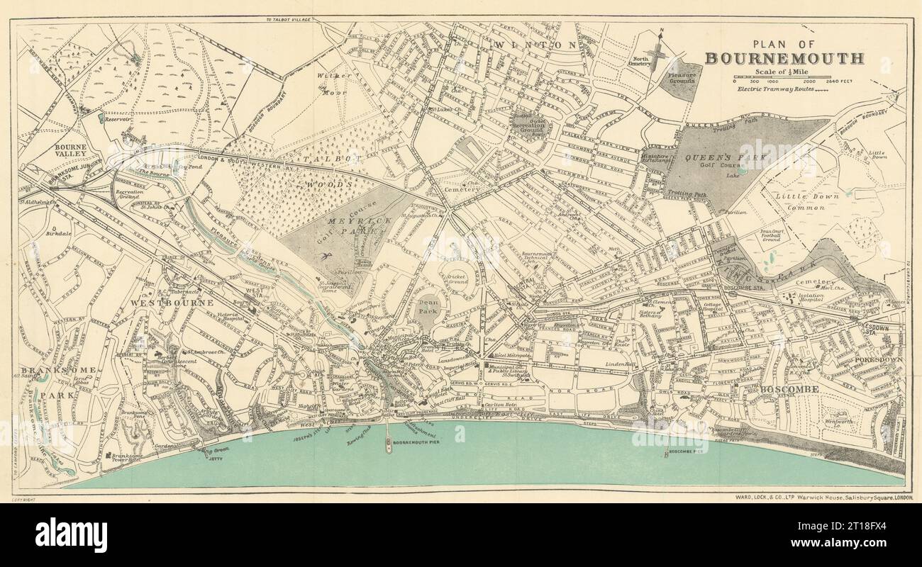 BOURNEMOUTH Vintage Stadt-/Stadtplan. Dorset. WARD LOCK 1921 alte antike Karte Stockfoto