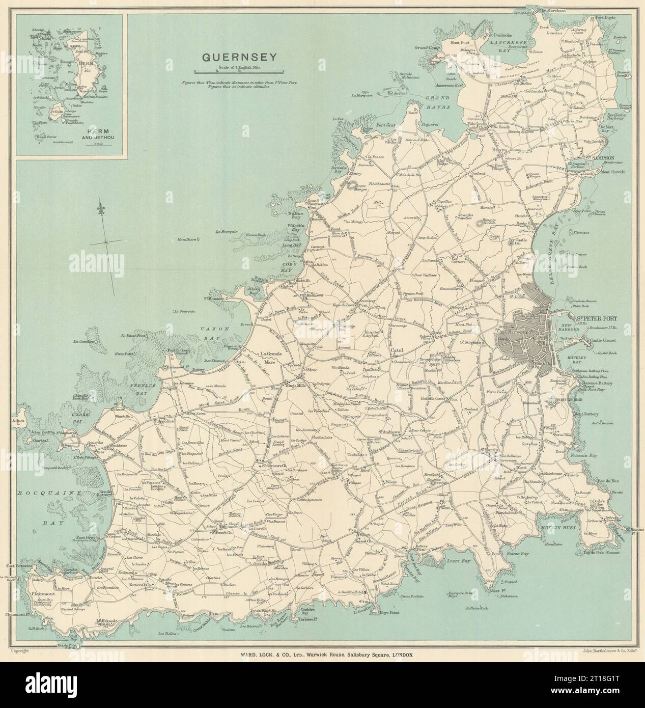 GUERNSEY Inset Herm & Jethou. St. Peter Port. Kanalinseln. WARD LOCK 1911 MAP Stockfoto