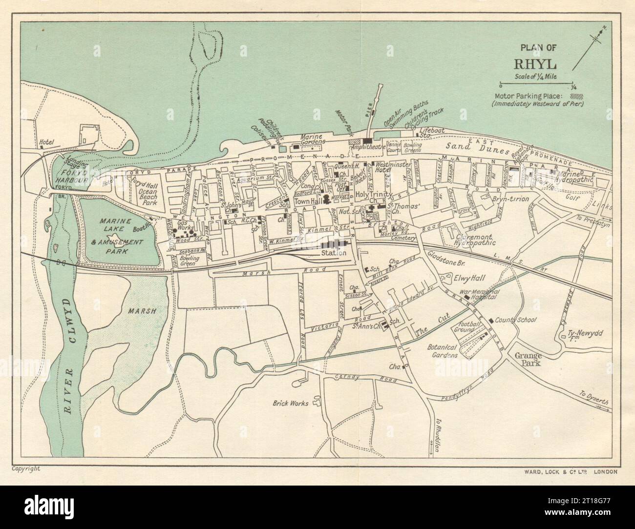 RHYL Vintage Stadt-/Stadtplan. Wales. WARD LOCK 1930 alte Karte Stockfoto