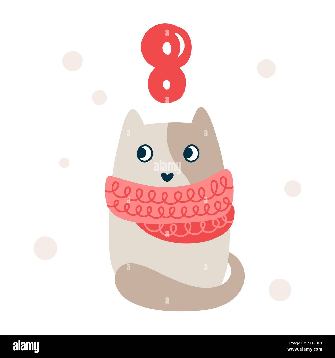Adventskalender mit handgezeichneter Katze. 8. Tag 8. Poster im skandinavischen Stil. Niedliche Winterillustration für Karte, Poster, Kinderzimmerdekor, Nurs Stock Vektor