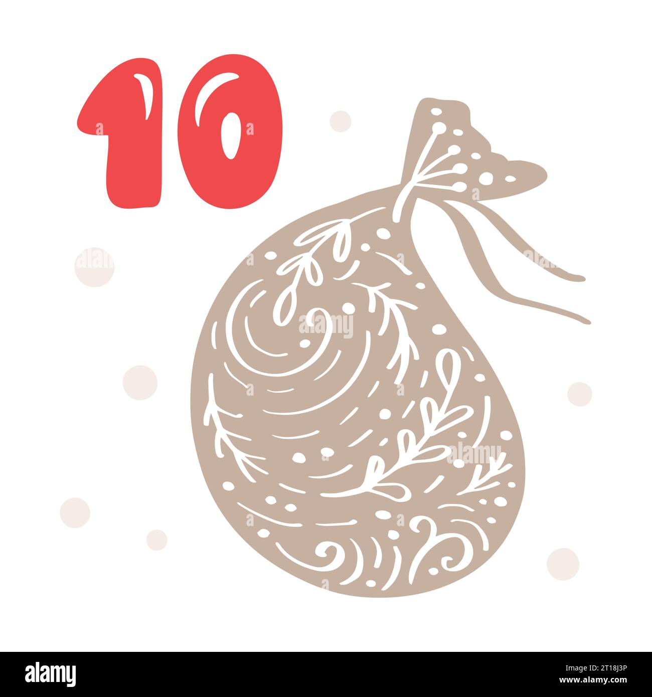 Adventskalender mit handgezeichneter Geschenktasche. Tag 10. Poster im skandinavischen Stil. Niedliche Winterillustration für Karte, Poster, Kinderzimmer Stock Vektor