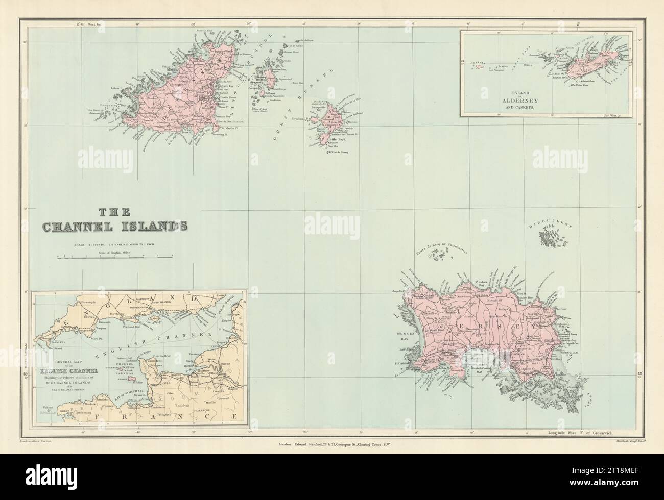 Kanalinseln. Guernsey Jersey Alderney Sark Herm Schatullen. STANFORD 1894 Karte Stockfoto